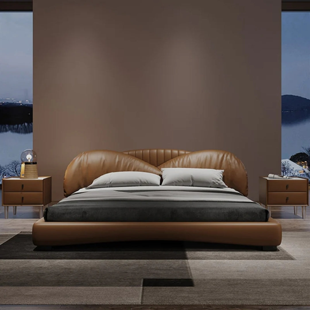 Caramel Luxe Bed with Winged Leather Headboard
