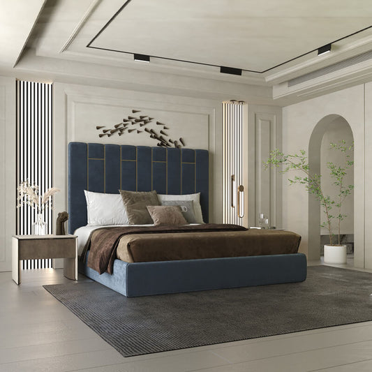 Velvet Upholstered Navy King-Size Bed for Luxury Bedroom