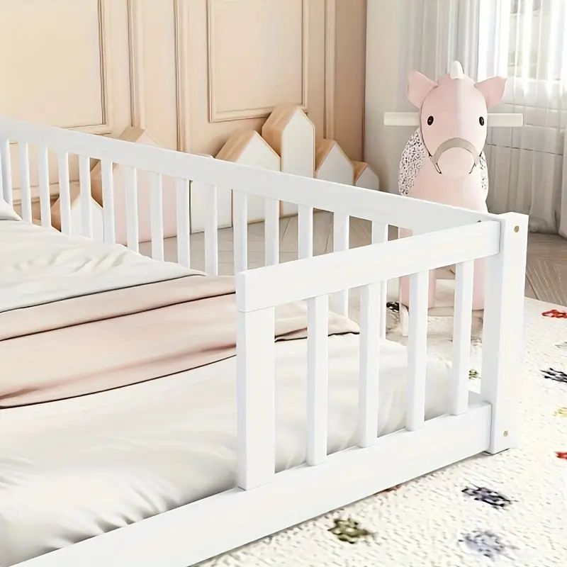 Double Capacity White Baby Bed for Small Kids With Protecting Guardrails