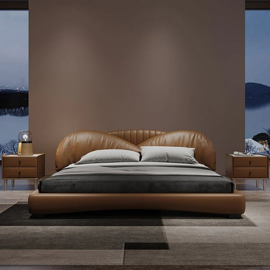 Caramel Luxe Bed with Winged Leather Headboard